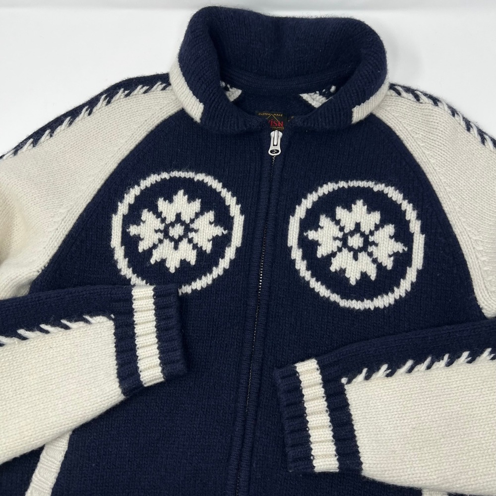 Evisu Heritage Wool Blend‎ Cowichan Full Zip Sweater Navy White Mens Medium